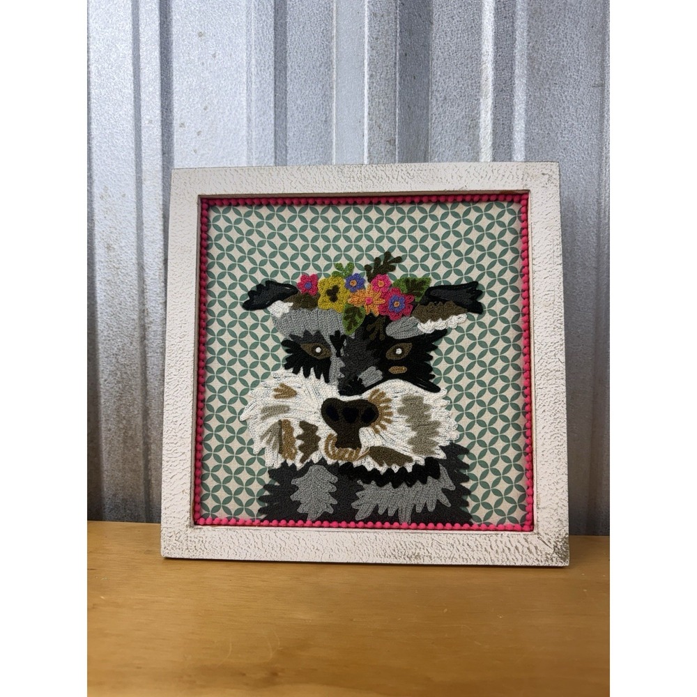 Textile Dog Wall Art Framed Fiber Art Floral Crown Boho Farmhouse Decor 12x12